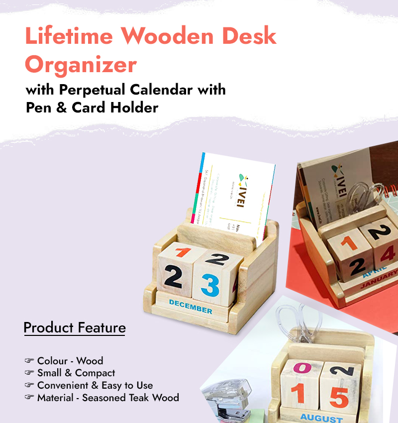 Lifetime Wooden Desk Organizer with Perpetual Calendar with Pen & Card Holder infographic