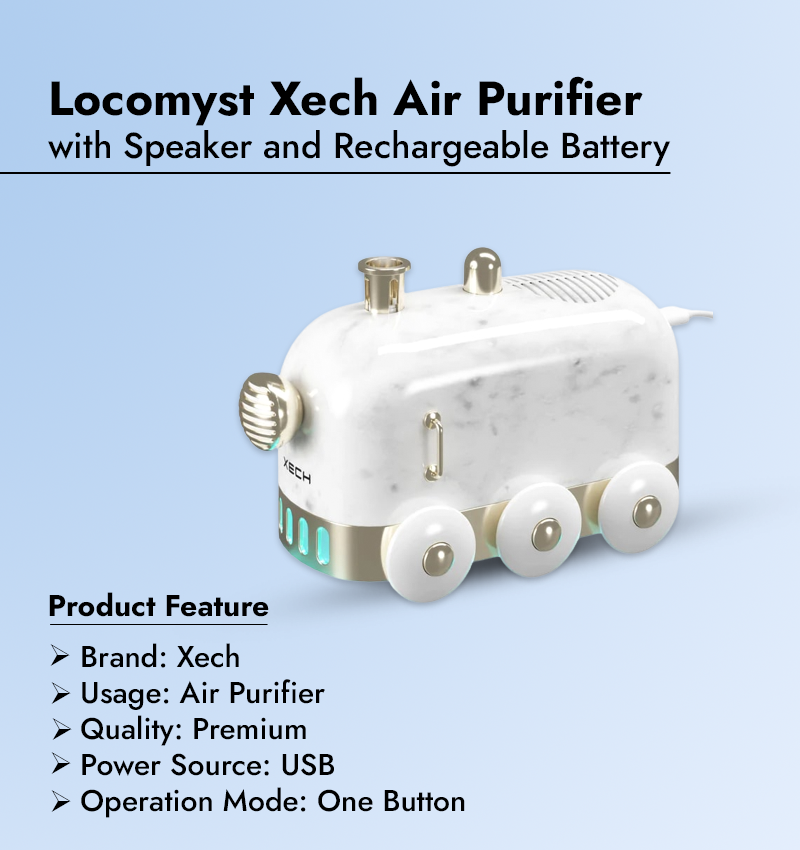 Locomyst Xech Air Purifier with Speaker and Rechargeable Battery infographic