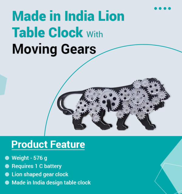 Made in India Lion Table Clock With Moving Gears infographic