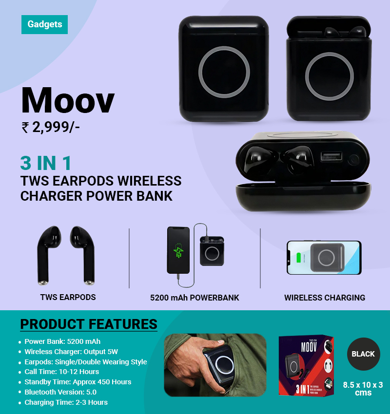 3 in 1 Moov TWS Earpods with Wireless Charger Power Bank - Fuzo infographic