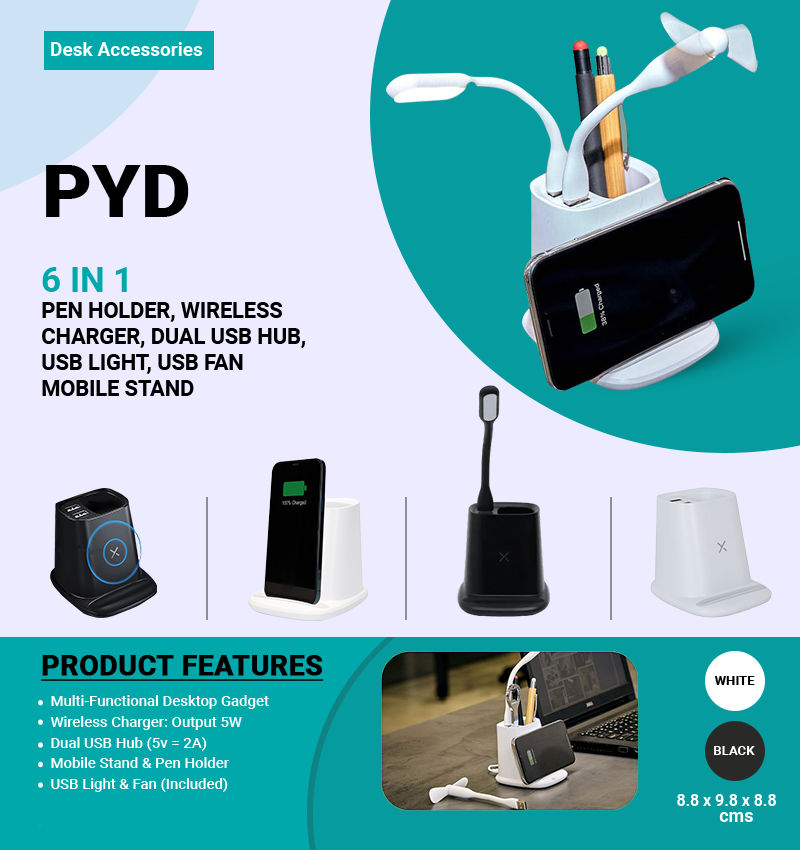 PYD 6 in 1 Multi-Purpose Desk Gadget Organizer - FUZO infographic
