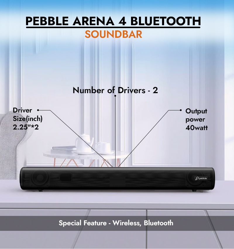 Pebble Arena 4 Bluetooth Soundbar infographic