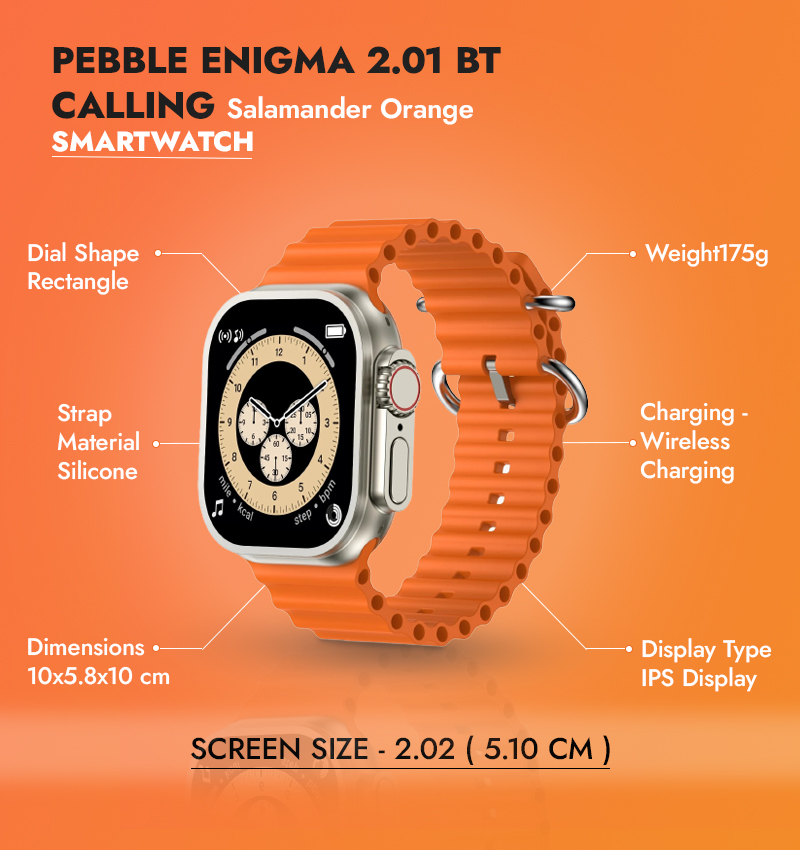 Pebble Enigma 2.01 BT Calling Salamander Orange Smartwatch infographic