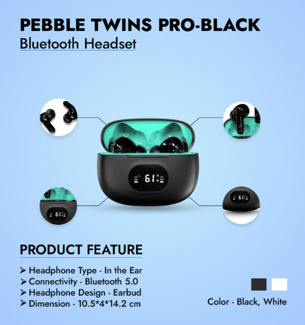 Pebble Twins Pro-Black Bluetooth Headset infographic