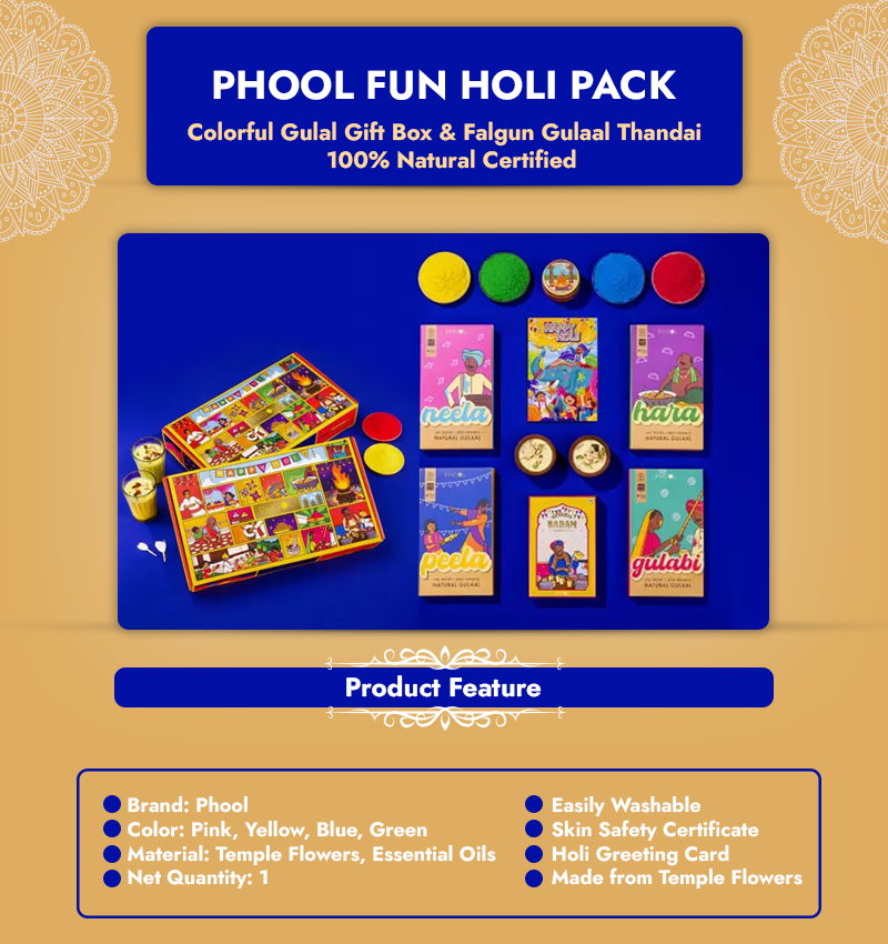 Phool Fun Holi Pack: Colorful Gulal Gift Box & Falgun Gulaal Thandai - 100% Natural Certified