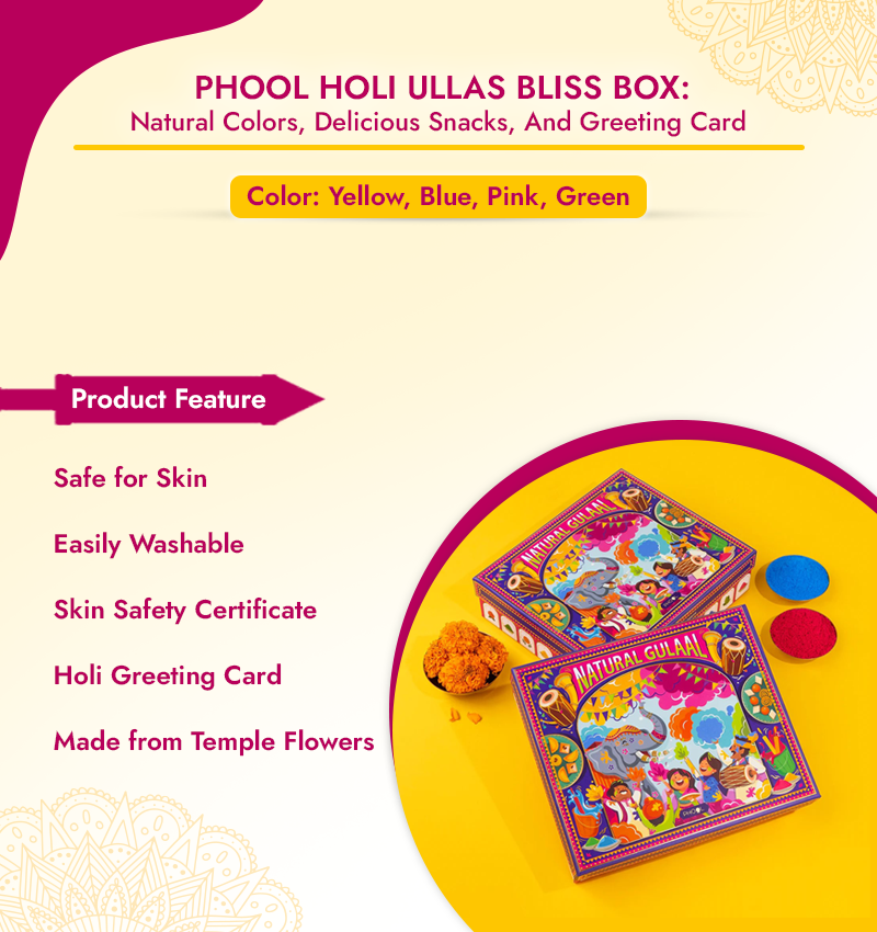 Phool Holi Ullas Bliss Box: Natural Colors, Delicious Snacks, and a greeting card