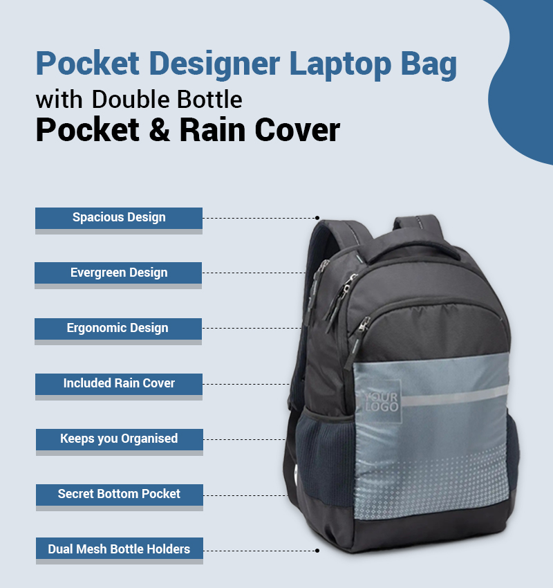 Pocket Designer Laptop Bag with Double Bottle Pocket & Rain Cover infographic