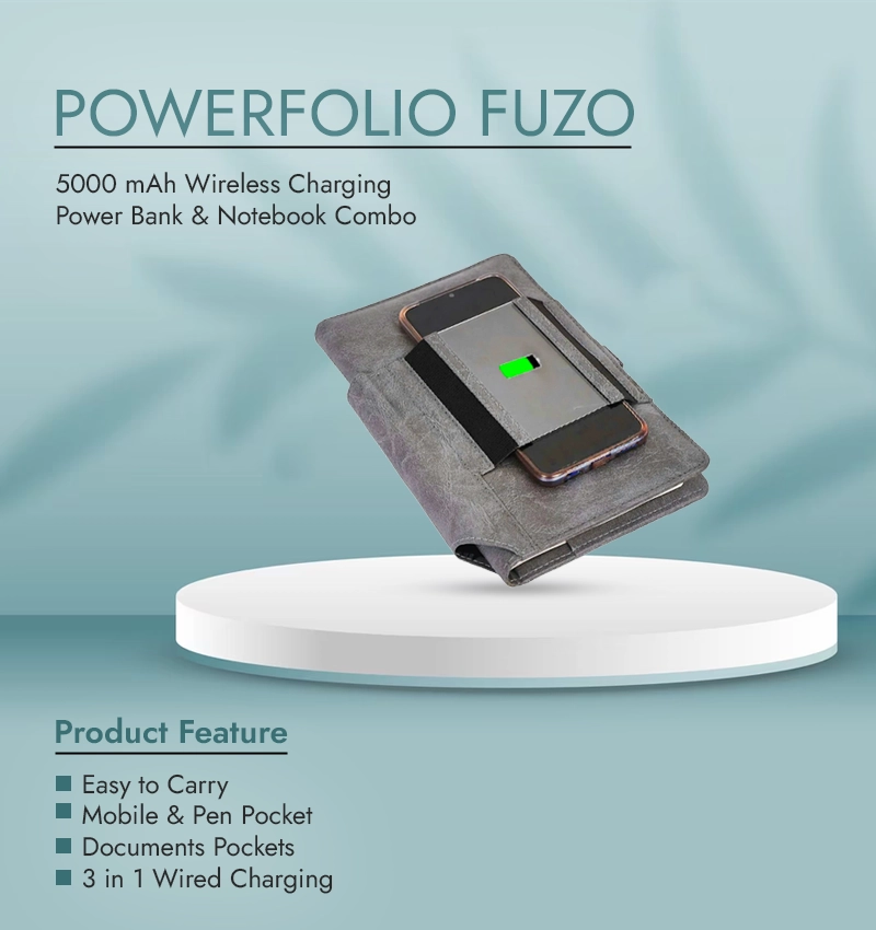 PowerFolio Fuzo: 5000 mAh Wireless Charging Power Bank & Notebook Combo infographic