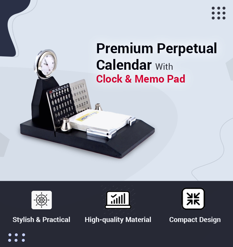 Premium Perpetual Calendar With Clock & Memo Pad infographic