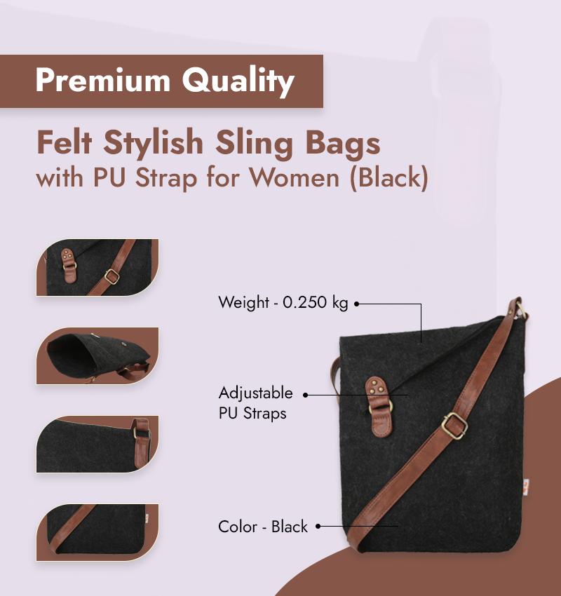 Premium Quality Felt Stylish Sling Bags with PU Strap for Women (Black) infographic