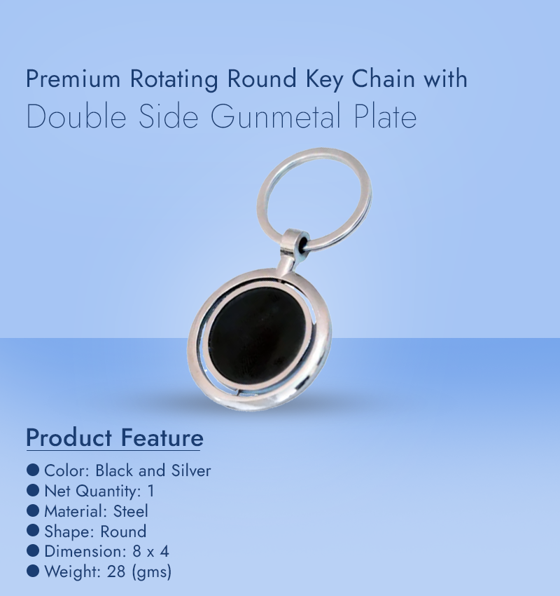 Premium Rotating Round Key Chain with Double Side Gunmetal Plate infographic