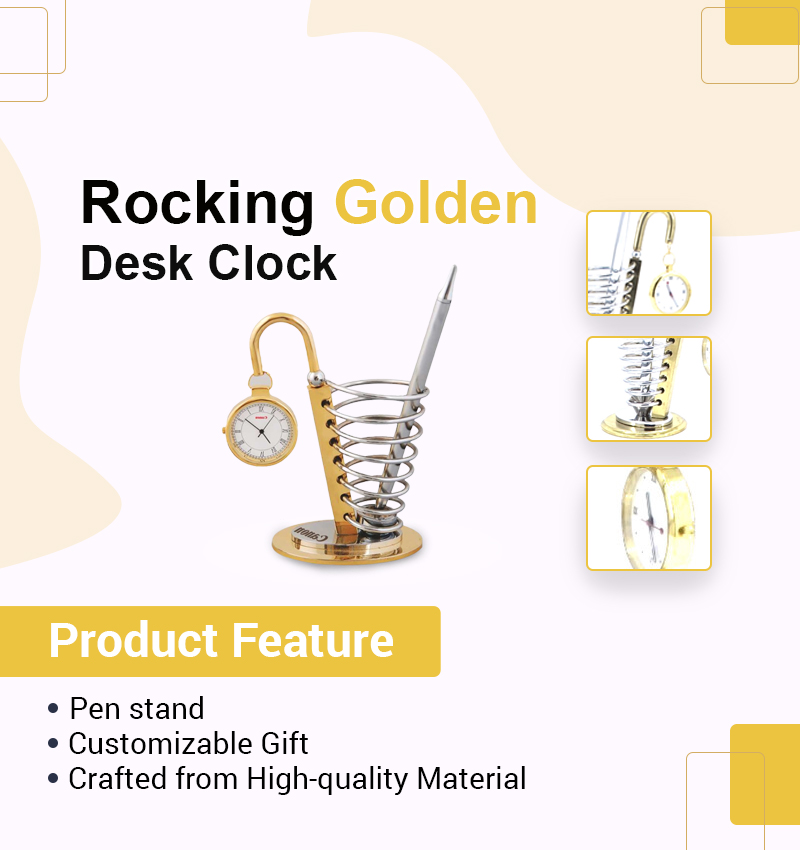 Rocking Golden Analog Desk Clock infographic