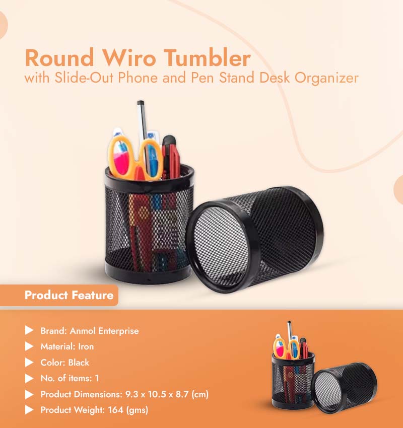 Round Wiro Tumbler with Slide-Out Phone and Pen Stand Desk Organizer