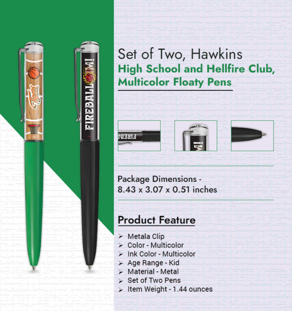 Set of Two, Hawkins High School and Hellfire Club, Multicolor Floaty Pens infographic