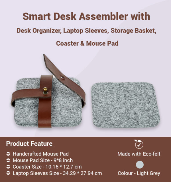 Smart Desk Assembler with Desk Organizer, Laptop Sleeves, Storage Basket, Coaster & Mouse Pad infographic