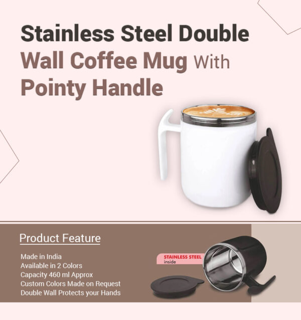 Stainless Steel Double Wall Coffee Mug With Pointy Handle infographic