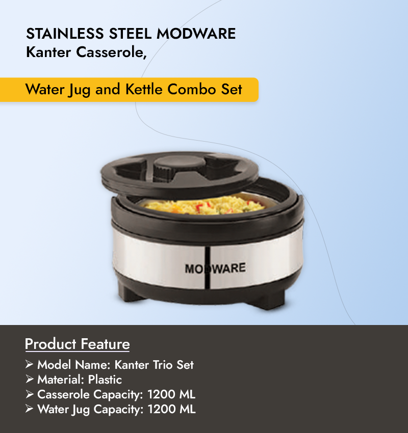 Stainless Steel Modware Kanter Casserole, Water Jug and Kettle Combo Set Infographic