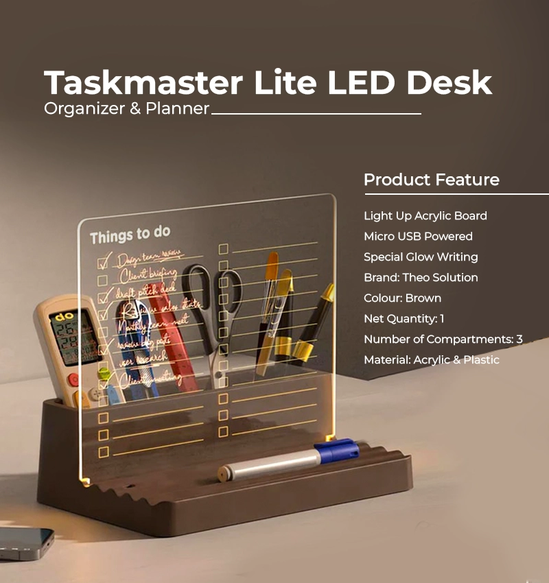 Taskmaster Lite LED Desk Organizer & Planner infographic