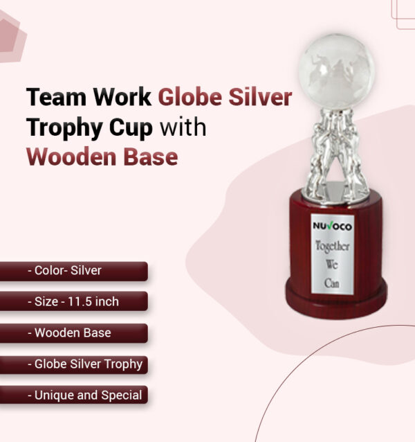 Globe Silver Trophy Cup with Wooden Base infographic
