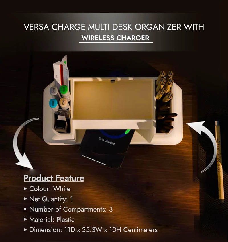 Versa Charge Multi Desk Organizer with Wireless Charger infographic
