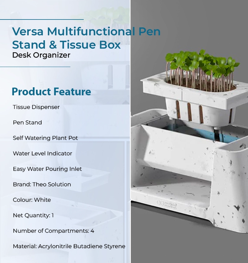 Versa Multifunctional Pen Stand & Tissue Box Desk Organizer infographic