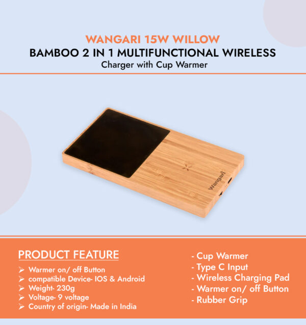 Wangari 15W Willow Bamboo 2 in 1 Multifunctional Wireless Charger with Cup Warmer