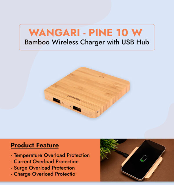 Wangari-Pine 10 W Bamboo Wireless Charger with USB Hub