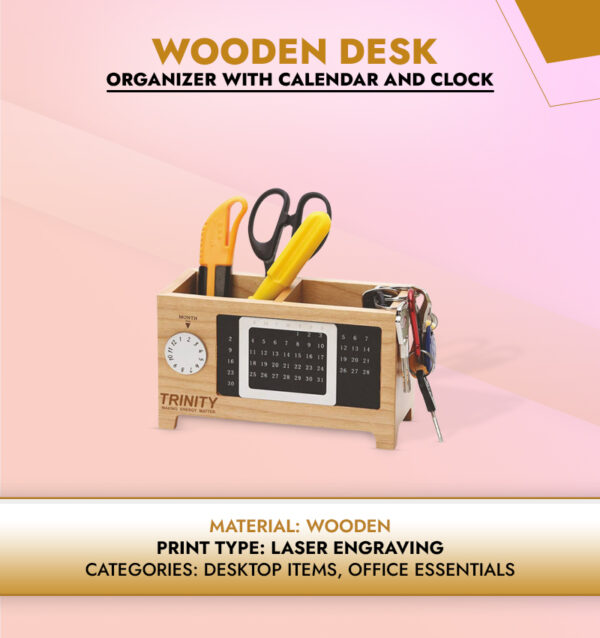 Wooden Desk Organizer with Calendar and Clock Infographic