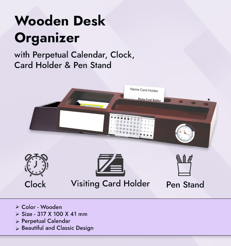 Wooden Desk Organizer with Perpetual Calendar, Clock, Card Holder & Pen Stand infographic