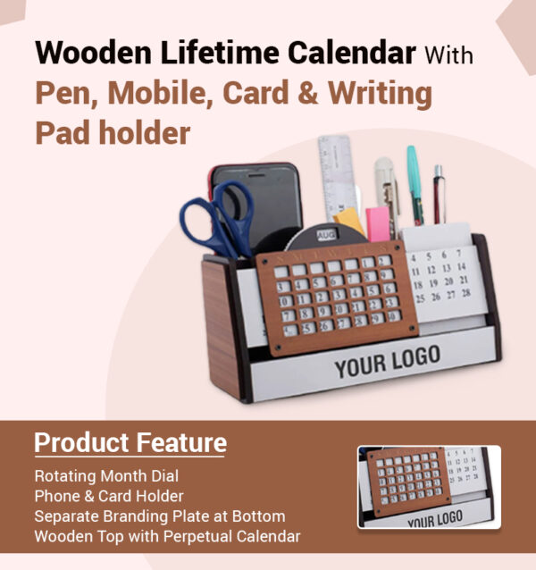 Wooden Lifetime Calendar With Pen, Mobile, Card & Writing Pad holder infographic