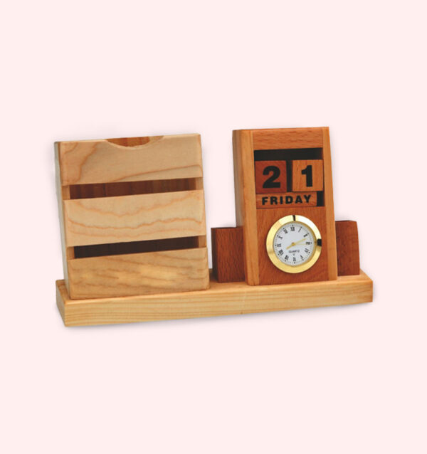 Wooden Perpetual Calendar With Clock and Card Holder