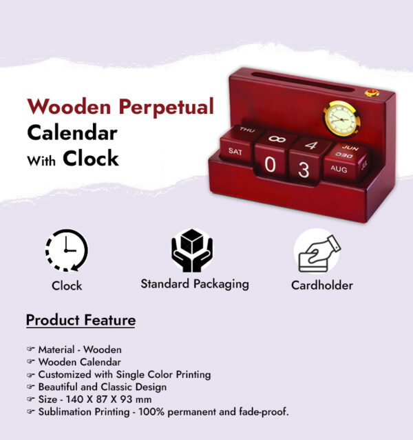 Wooden Perpetual Calendar With Clock infographic
