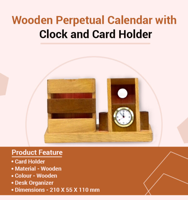 Wooden Perpetual Calendar With Clock and Card Holder infographic