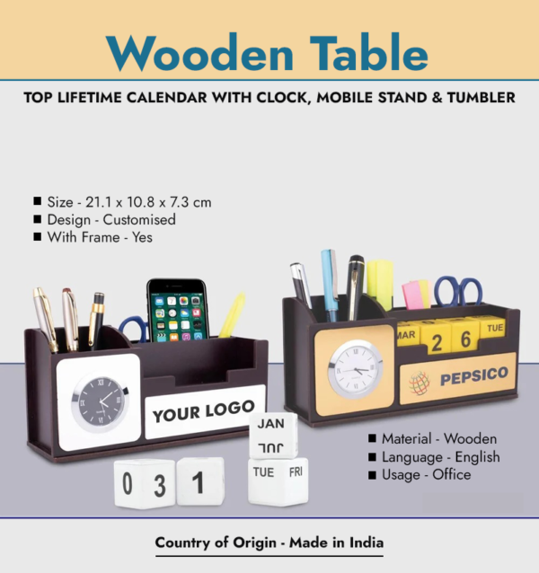 Wooden Lifetime Calendar With Pen Holder, Mobile Holder, Card Holder And Writing Pad Holder infographic