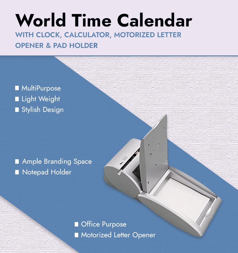 World Time Calendar with Clock, Calculator, Motorized Letter Opener & Pad Holder