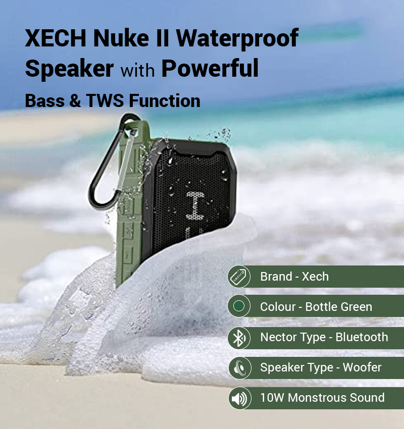 XECH Nuke II Waterproof Speaker with Powerful Bass & TWS Function infographic