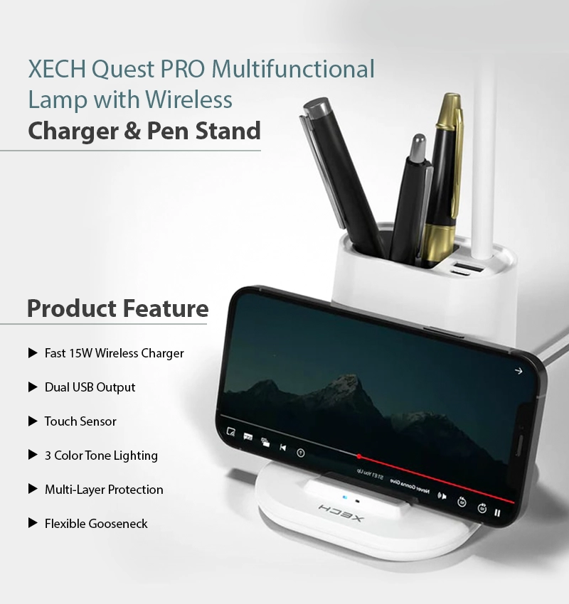 XECH Quest PRO Multifunctional Lamp with Wireless Charger & Pen Stand infographic